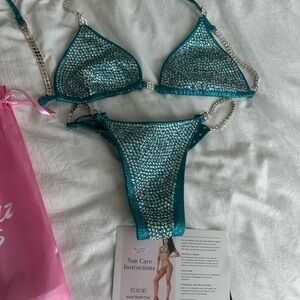 Bikini body building/or wellness Teal Rhinestone Bikini Set